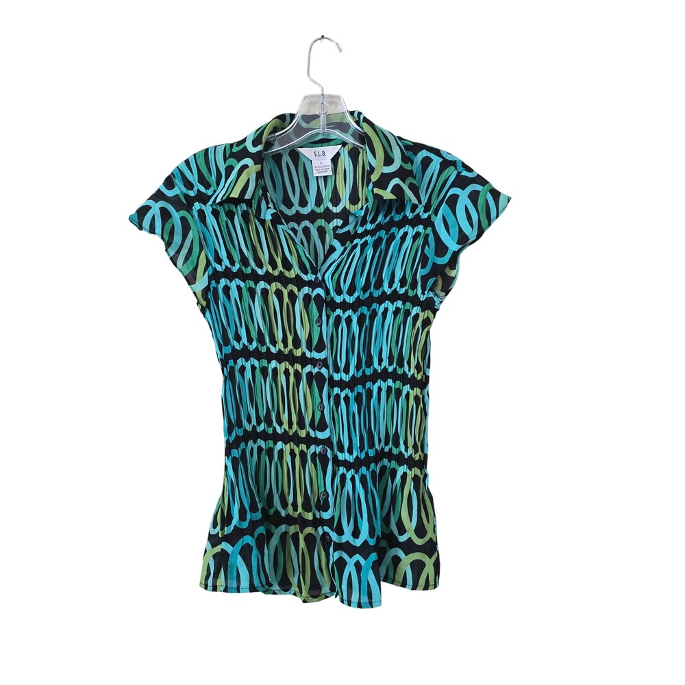 S.L.B. Teal Green Geometric Circle Print Pleated Button Up Blouse Small‎ Y2k